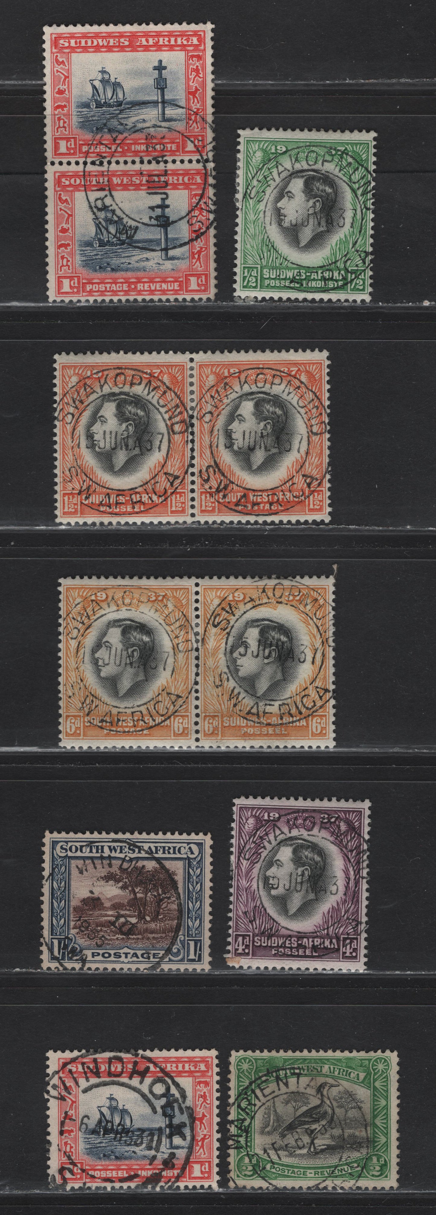 Lot 167 South West Africa (C) SG#74,75,80,97,99,102,103 1/2d Black & Emerald - 6d Black & Yellow, 1931 Pictorial - 1937 Coronation Issues, 5 VF Used Singles & 3 Pairs All With SON Town Cancels Incl. Swakopmund, Windboek, Mariental
