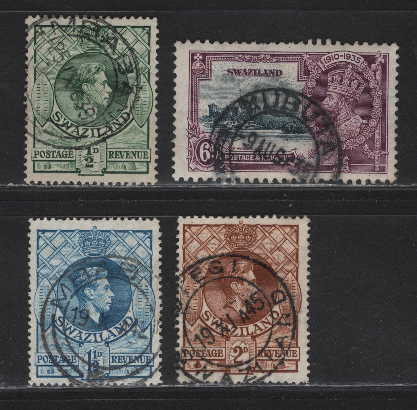 Lot 169 Swaziland (C) SG#24,28,30a,31a, 1938 Sliver Jubilee - 1938-1954 King George VI Definitives Issues, 4 F&VF Used Singles With SON Town Cancels Incl. Kubota, Stegi, Mbubane