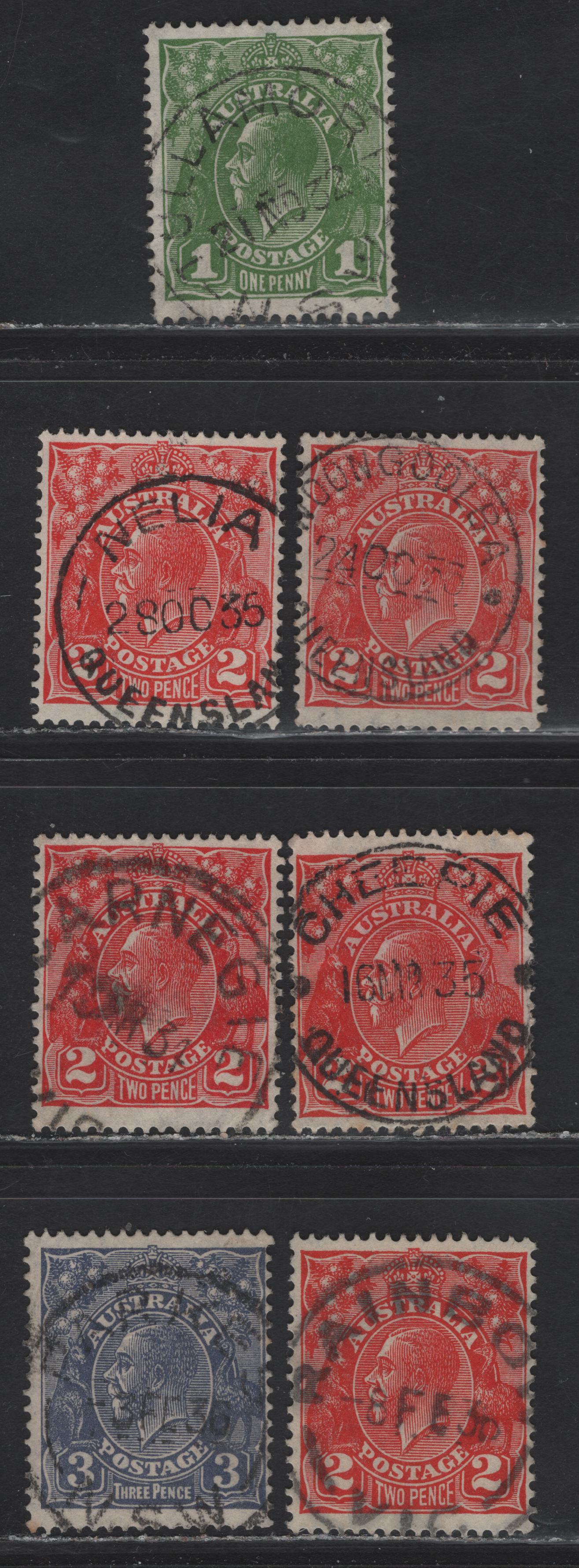 Lot 17 Australia (C)  SG#125, 127,a, 128 1d - 3d Green - Ultramarine King George V, 1931-1936 KGV Head Issue, 6 Fine/Very Fine Used Singles, CDS Town Cancels, C of A Wmk