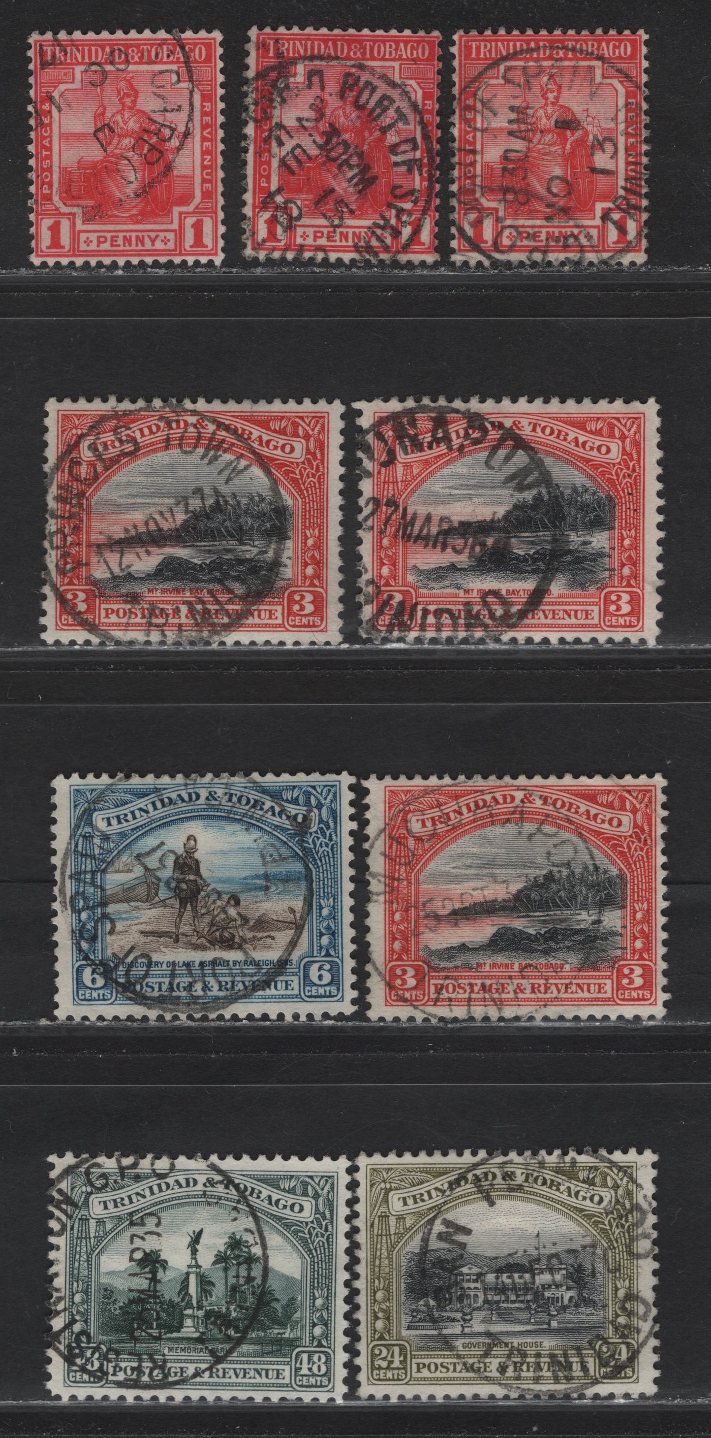 Lot 171 Trinidad & Tobago (C) , 1913-1923 Britainia Issue - 1935-1937 Pictorials, 9 F&VF Used Singles All With Son Cancels Incl. Port Of Spain, GPO Port Of Spain, Tunapona(Scarce), Registration GPO, San Fernano, Princes Town(Scarce) & Mucurapo