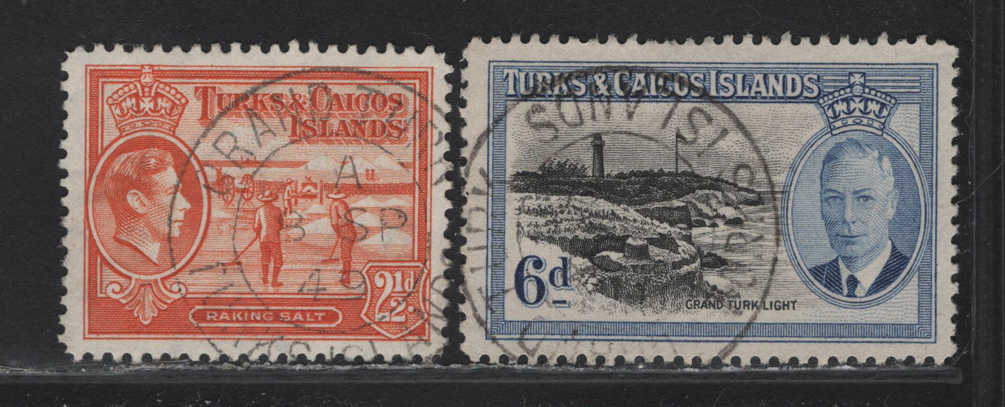 Lot 172 Turks & Caicos (C) SG#199a,228 2 1/2d Orange, 6d Black & Blue, 1938-1945 King George VI Raking Salt, 1950 Pictorial Issues, 2 VF Used Singles Both With SON Grand Turk Cancels