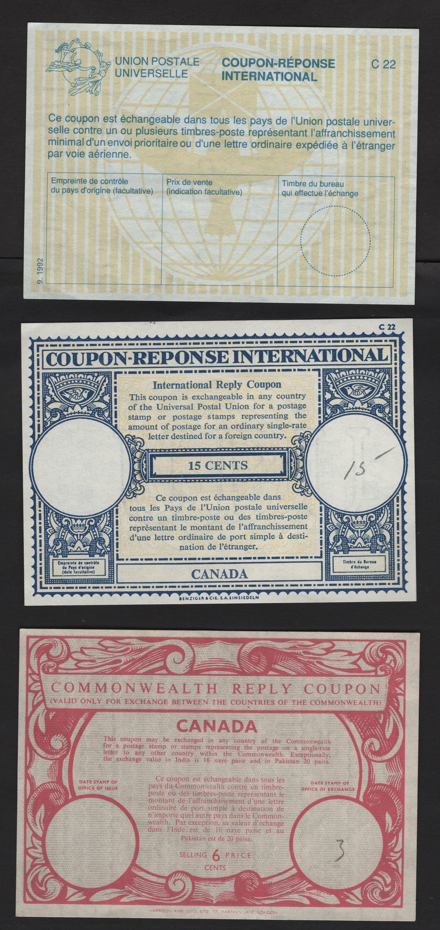 Lot 174 Canada (C) #13-14, 21, 1950-1992 International Reply Coupons, 3 Very Fine Unused Coupons, Listed in 2009 Unitrade, Light Pencil Marks on the Red & Blue Coupons But No Cancels