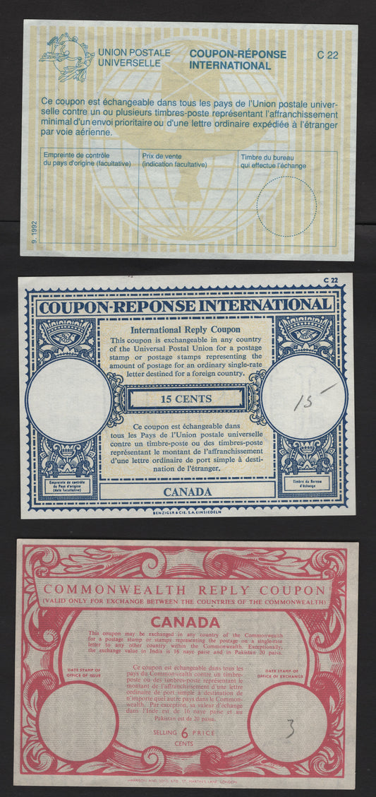 Lot 174 Canada (C) #13-14, 21, 1950-1992 International Reply Coupons, 3 Very Fine Unused Coupons, Listed in 2009 Unitrade, Light Pencil Marks on the Red & Blue Coupons But No Cancels