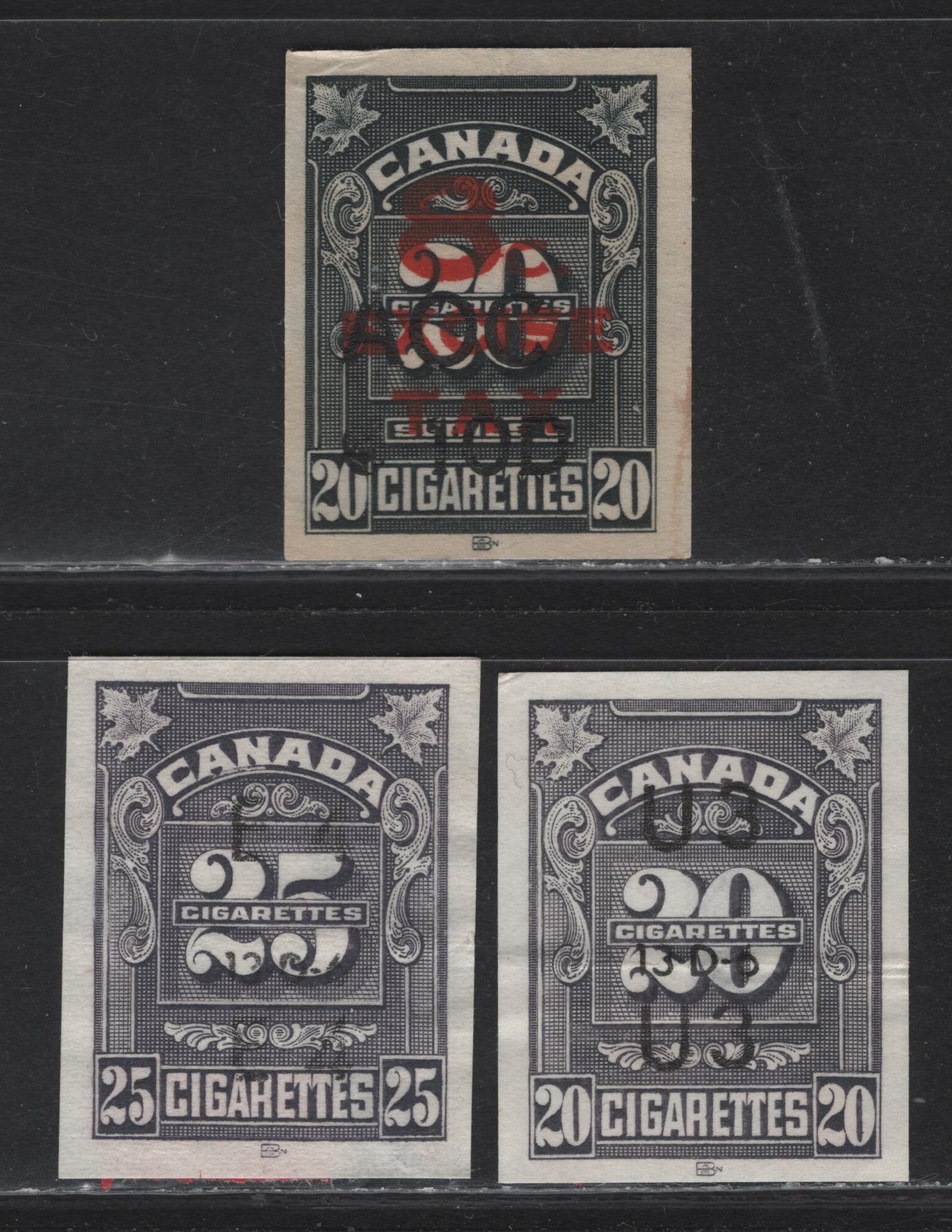 Lot 177 Canada (C) Ryan#RC815, RC817, RC770 20 & 25 Black Cigarettes, 1943-1968 Cigarette Revenue Small Size & BABN Surcharged Issues, 3 Fine Used Singles, Usual Vertical Creases or Shallow Thins