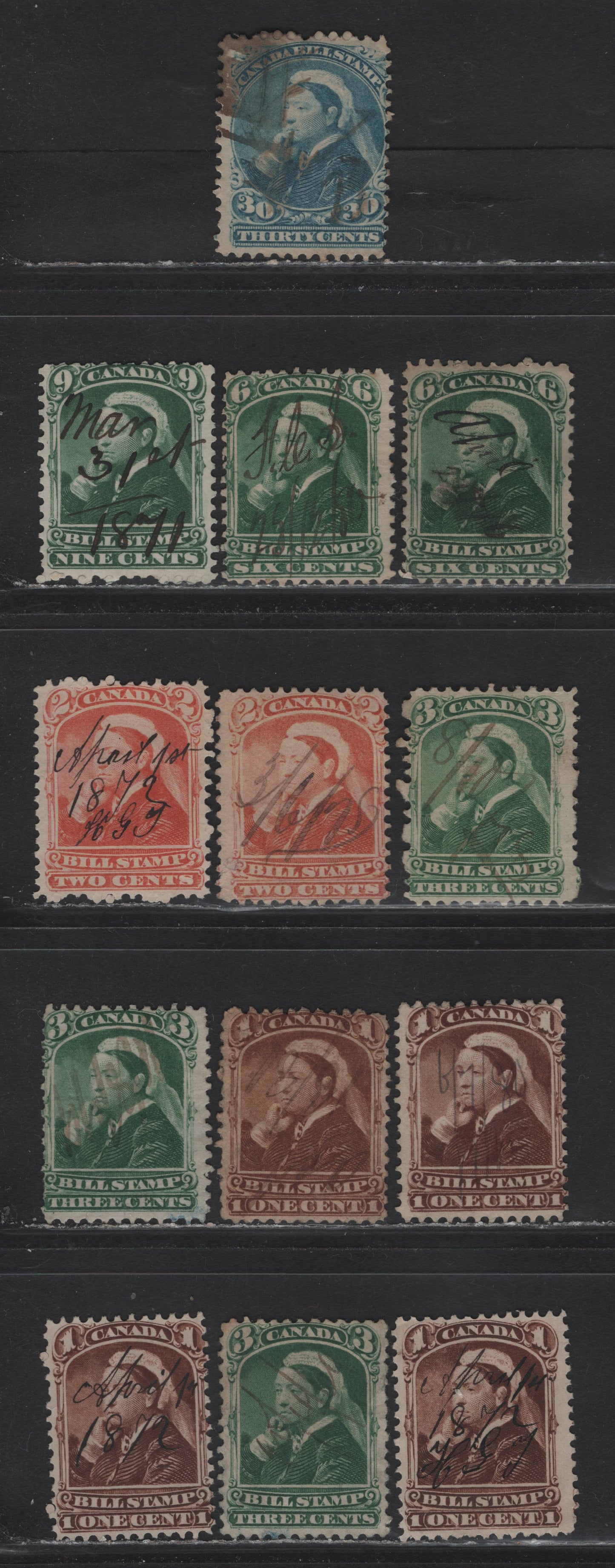 Lot 181 Canada Van Dam#FB37/FB49 1c - 30c Brown - Blue Queen Victoria, 1868 Third Bill Issue, 13 Very Good/Fine/Very Fine Used Singles, Perfs 12 & 11.5x12 On Different Papers