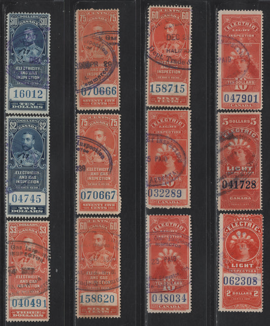 Lot 182 Canada Van Dam#FE14a, FE16a-FE17a, FEG2-FEG3, FEG8-FEG9, FEG11   , 1900-1930 Electric Light - Electricity & Gas Insepction Issues, 12 Fine/Very Fine Used Singles, Purple Control #'s On the 1900 Issue, Three Slightly Different Shades Of $10