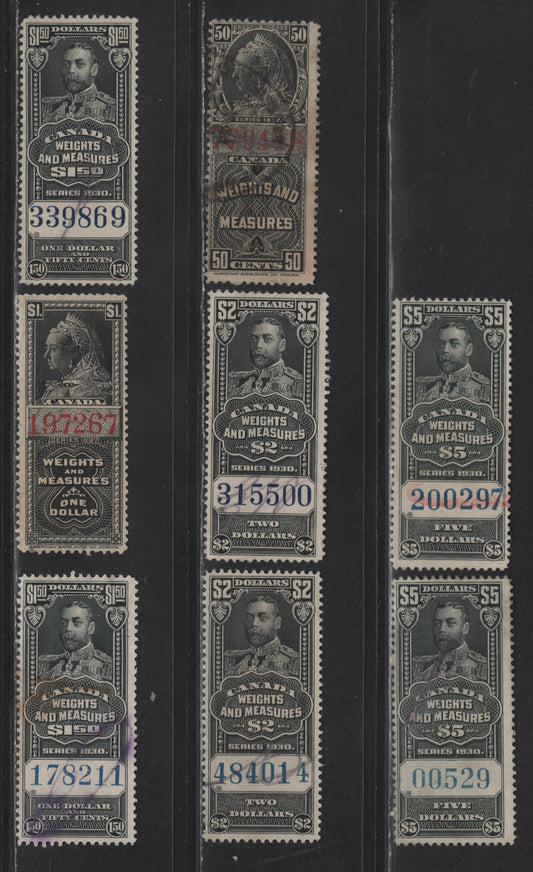 Lot 183 Canada Van Dam#FWM39, FWM41, FWM68-FWM70 $1 - $5 Black Weights & Measures, 1897-1930 Weights & Measures Issues, 8 Very Good/Fine/Very Fine Used Singles, 1897 Has The Red Control #s, $1 Has A Tear, 1930's Has Both Light & Dark Blue Control #