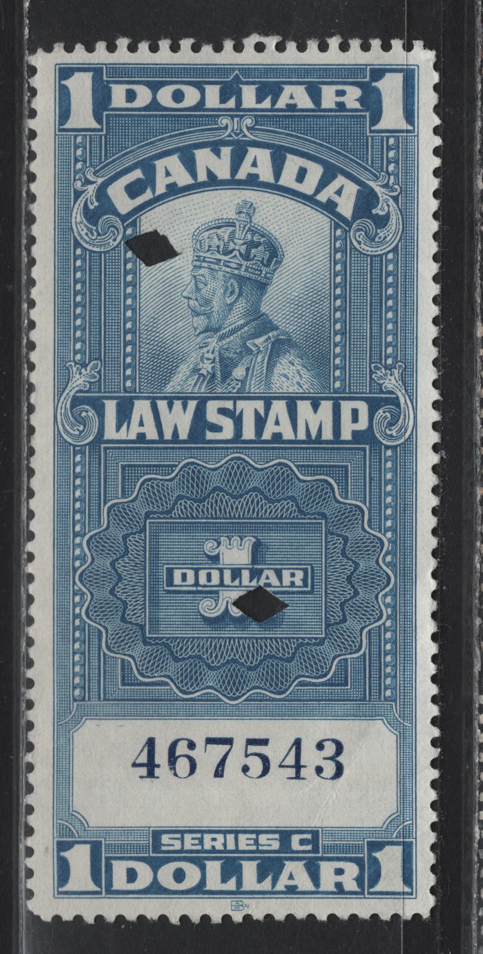 Lot 184 Canada Van Dam#FSC18 $1 Blue - Blue & Black King George V, 1935 Federal Supreme Court Revenues, A Very Fine Used Single, Thinner Vertical Ribbed Paper
