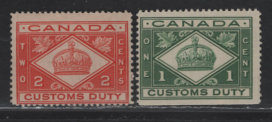 Lot 185 Canada #FCD1-2 1c - 2c Green - Vermillion Crown, 1914-1935 Customs Duty Issue, 2 FOG Singles, Dry Printing