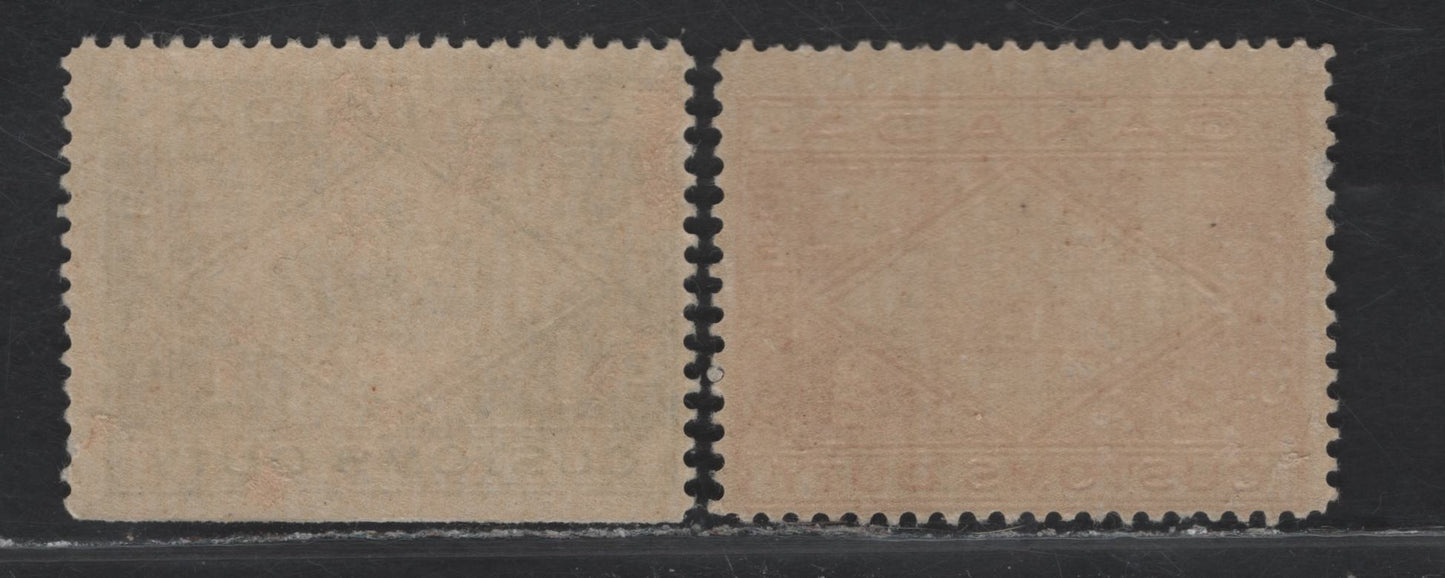 Lot 185 Canada #FCD1-2 1c - 2c Green - Vermillion Crown, 1914-1935 Customs Duty Issue, 2 FOG Singles, Dry Printing