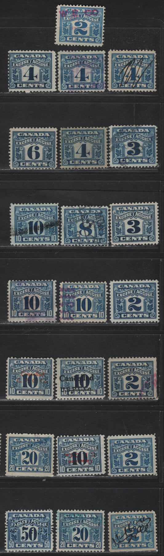 Lot 190 Canada Van Dam#FX36, FX38-FX44 2c - 50c Blue Numeral, 1915-1928 Two Leaf Excise Tax Issue, 4 VFOG Singles, 50c Has 'Cancelled' Perfin, 10c Includes 3 Different Canclled Overprints, 1 Inverted