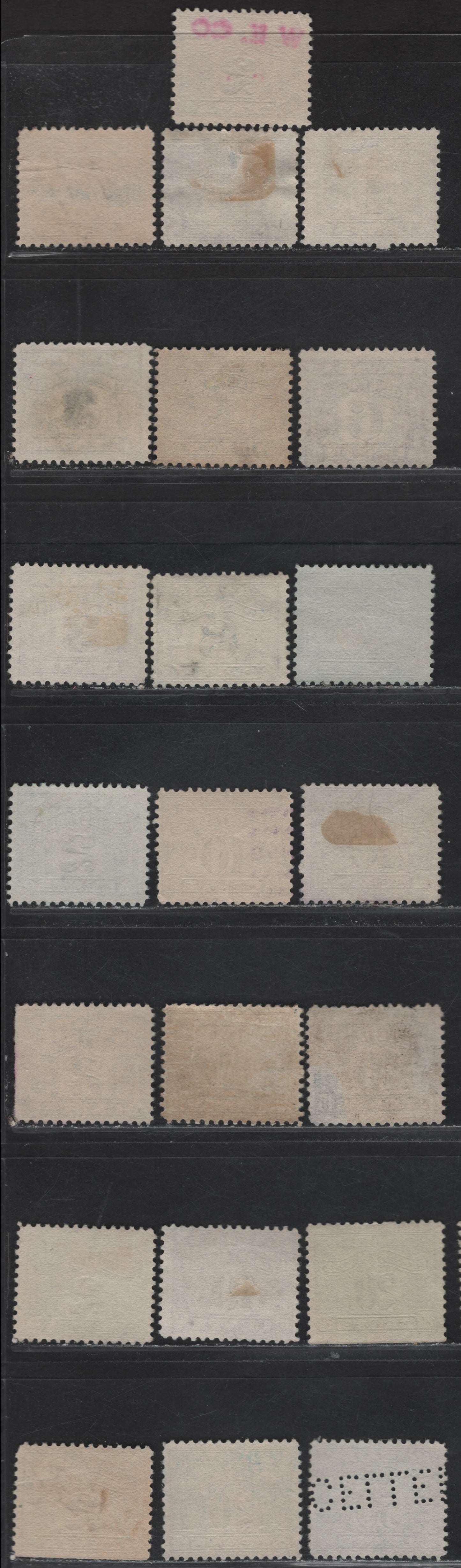 Lot 190 Canada Van Dam#FX36, FX38-FX44 2c - 50c Blue Numeral, 1915-1928 Two Leaf Excise Tax Issue, 4 VFOG Singles, 50c Has 'Cancelled' Perfin, 10c Includes 3 Different Canclled Overprints, 1 Inverted