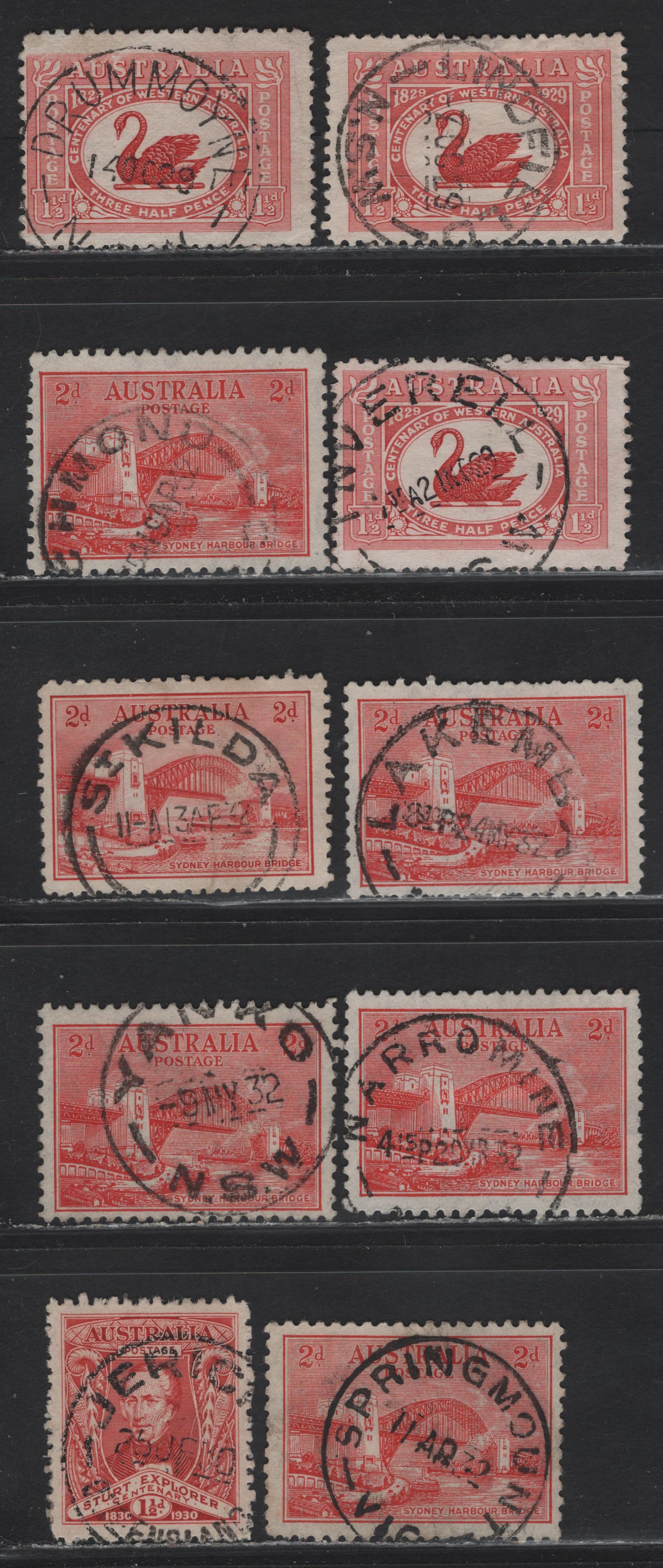 Lot 19 Australia (C)  SG#116-117, 141, 144 1.5d - 2d Dull Scarlet - Scarlet Western Australia (C)  - Sydney Harbor Bridge, 1929-1932 Western Australia (C)  - Sydney Harbor Bridge Issues, 10 Fine/Very Fine Used Singles, SON Town Cancels