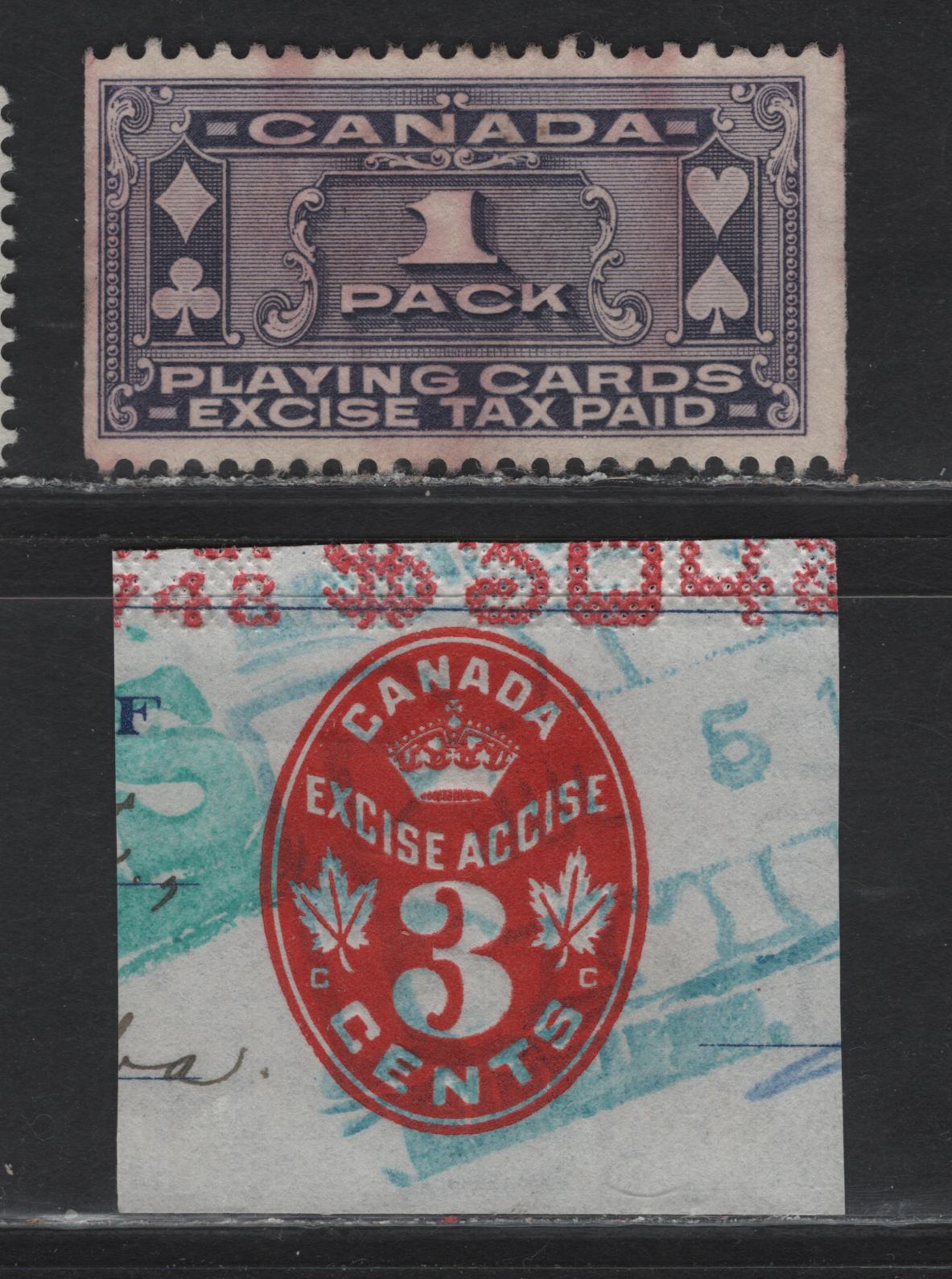 Lot 191A Canada Van Dam#FCH5, FPC1 3c Red Numeral, 1915-1947 Embossed Cheque Revenue & Playing Card Stamp Issues, 2 Fine/Very Fine Used Singles