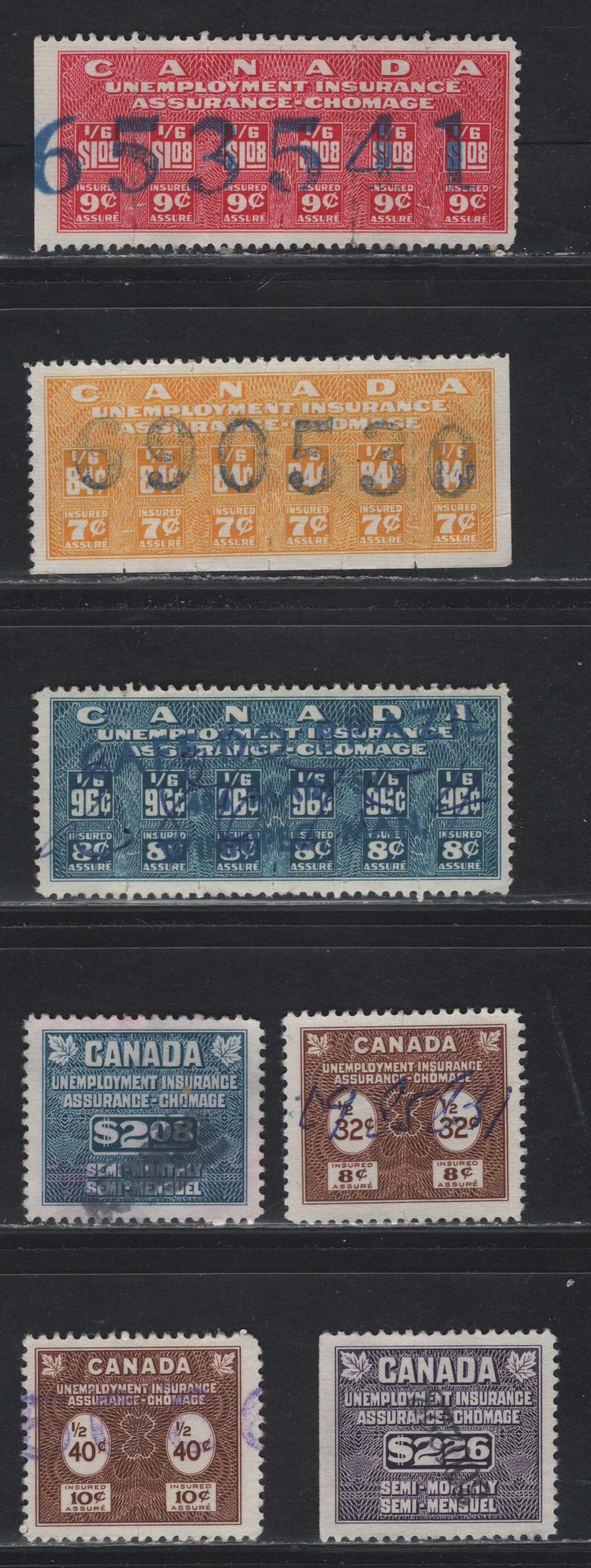 Lot 192 Canada Van Dam#FU32-FU34, FU39, FU51=FU52, FU74 84c - 40c Yellow - Brown , 1950-1960 Unemployment Insurance Issues, 7 Very Fine Used Singles