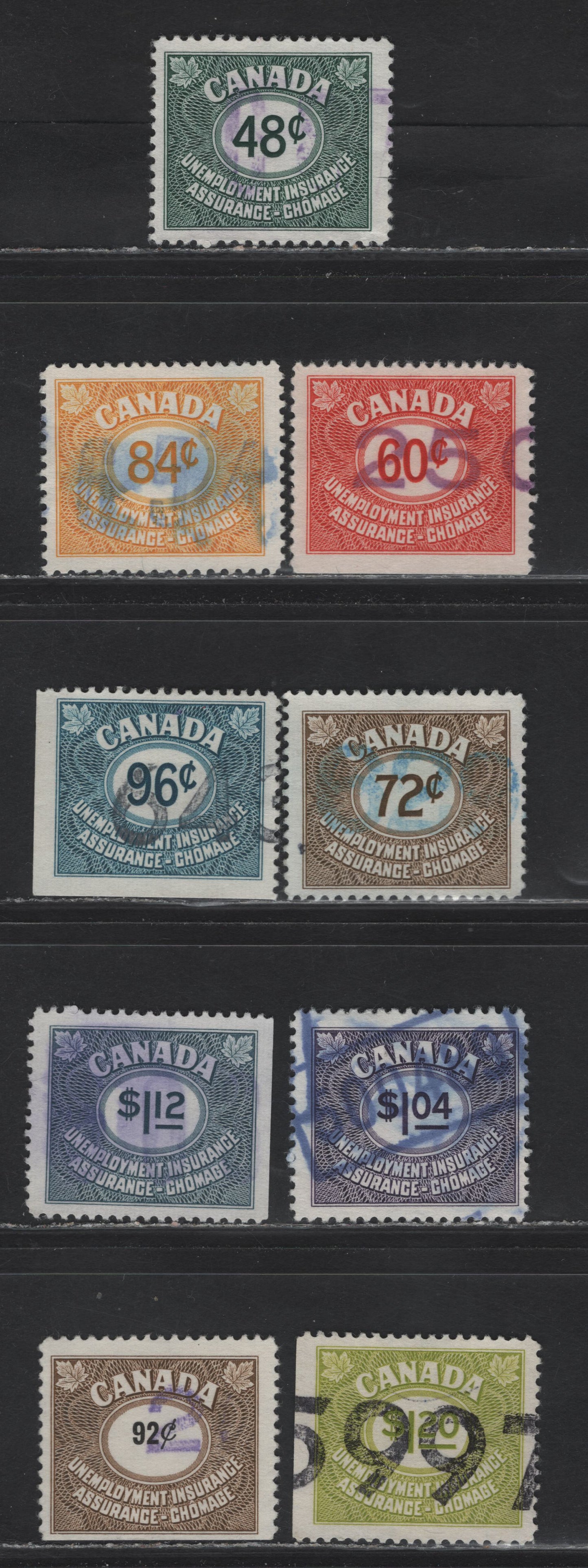 Lot 193 Canada Van Dam#FU40-FU47, FU76 48c - 92c Green - Brown , 1955-1960 Unemployment Insurance Issues, 9 Very Fine Used Singles