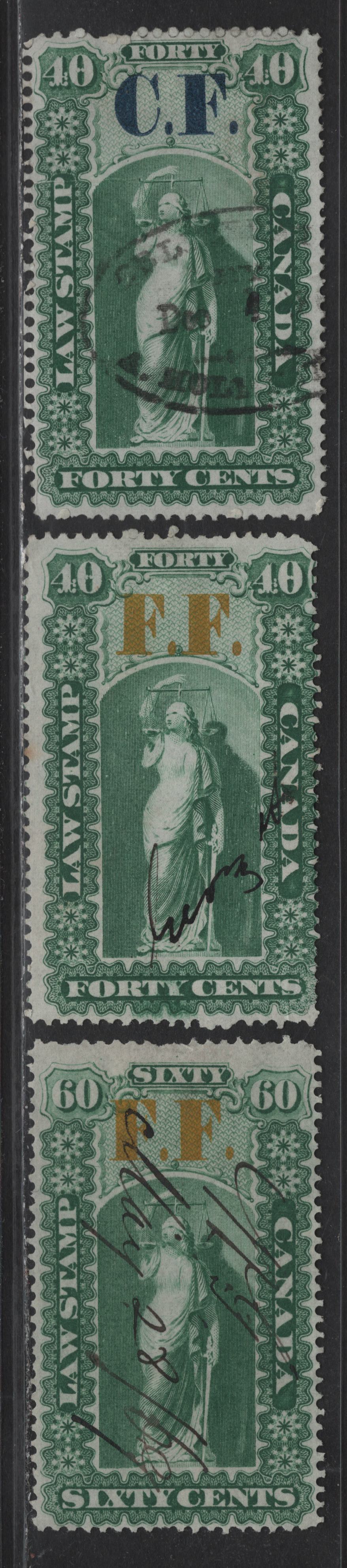 Lot 198 Canada Van Dam#OL5, OL20, OL22 40c - 60c Green Liberty & Scales, 1864 Overprinted CF & PF Law Issue, 3 Very Good/Fine Used Singles, OL5 Has Some Horizontal Wrinkles, Province of Ontario