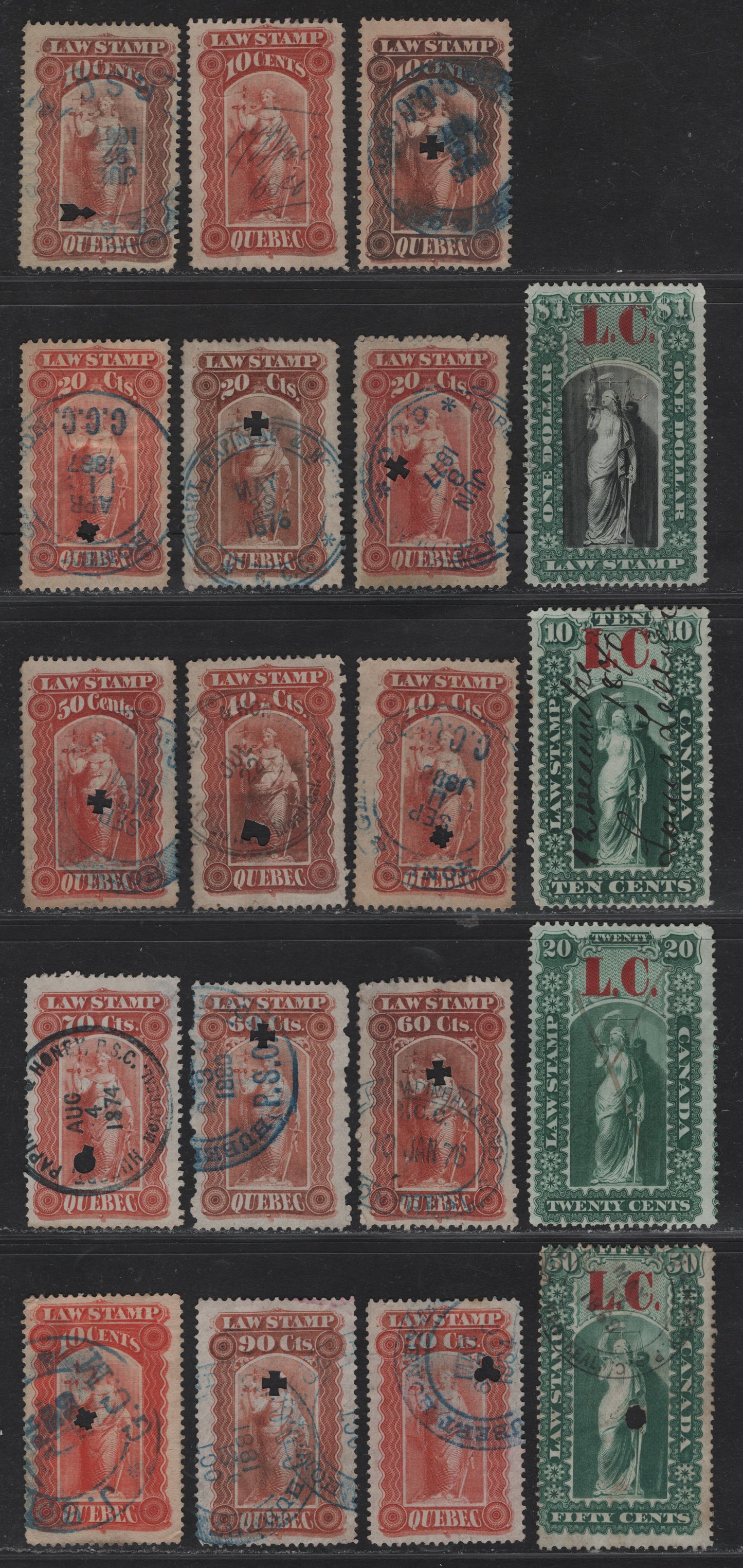 Lot 199 Canada Van Dam#QL1-2, QL5, QL10, QL15/QL22 10c - 90c Green - Red Liberty & Scales, 1864-1890 Law Stamps, 19 Very Good/Fine/Very Fine Used Singles, Perf 11.5x12, Additional Shades, One 10c With A Corner Crease, Province Of Quebec.