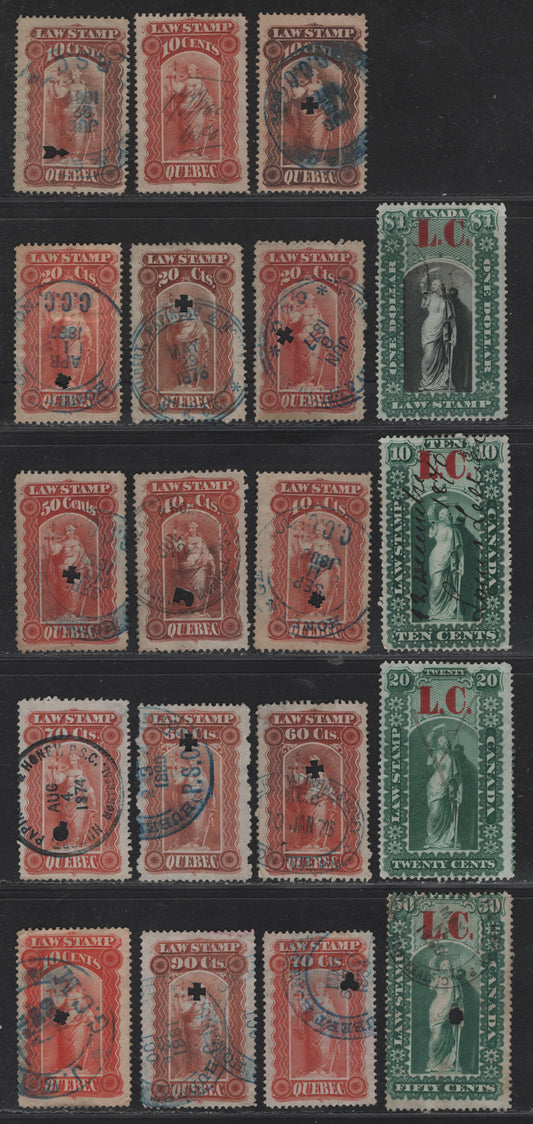Lot 199 Canada Van Dam#QL1-2, QL5, QL10, QL15/QL22 10c - 90c Green - Red Liberty & Scales, 1864-1890 Law Stamps, 19 Very Good/Fine/Very Fine Used Singles, Perf 11.5x12, Additional Shades, One 10c With A Corner Crease, Province Of Quebec.