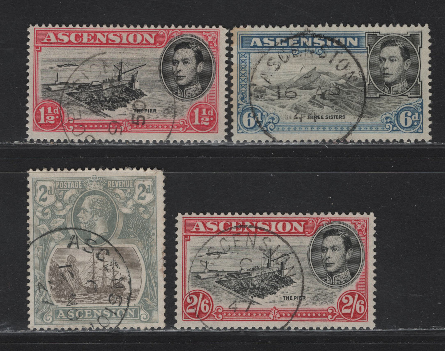 Lot 2 Ascension SG#13, 40d, 43, 45 2d - 2/- Gray Black & Gray - Black & Deep Carmine Badge of the Colony - King George VI, 1924-1953 Badge of the Colony - King George VI Pictorial Issues, 4 Fine Used Singles, SON Ascension CDS Cancels