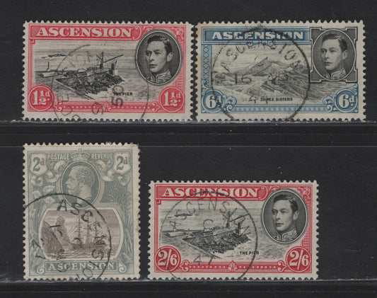 Lot 2 Ascension SG#13, 40d, 43, 45 2d - 2/- Gray Black & Gray - Black & Deep Carmine Badge of the Colony - King George VI, 1924-1953 Badge of the Colony - King George VI Pictorial Issues, 4 Fine Used Singles, SON Ascension CDS Cancels