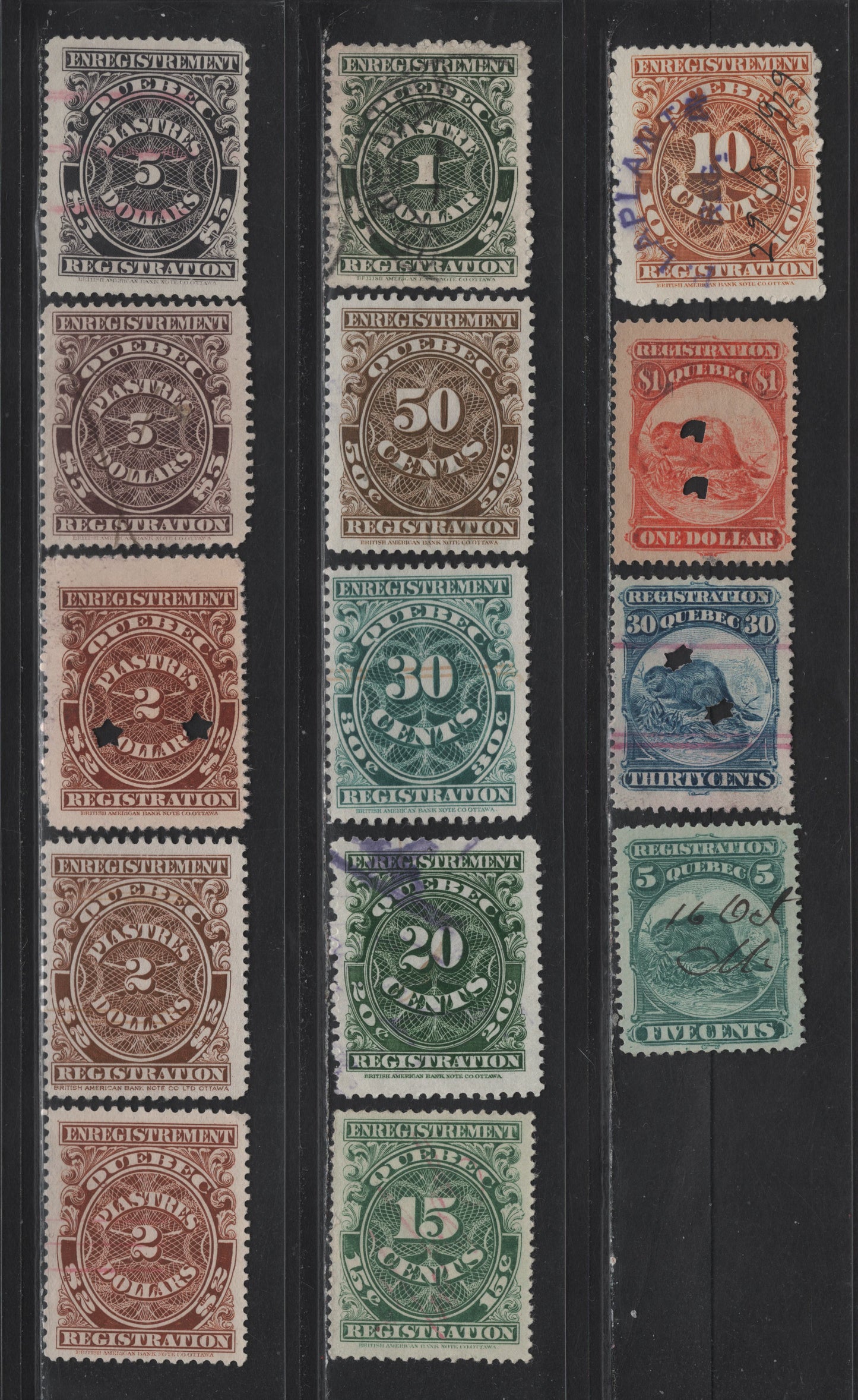 Lot 201 Canada Van Dam#QR5/QR25 10c - $5 Blue Green - Purple , 1870-1912 Beaver Design Registered - Registration Issues, 14 Fine/Very Fine Used Singles