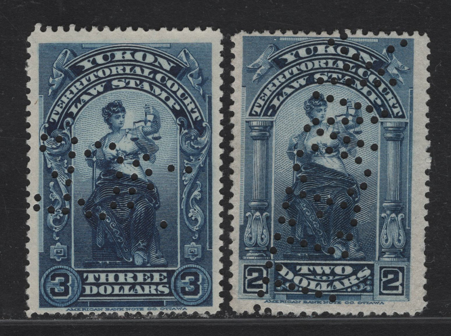 Lot 204 Canada Van Dam#YL11-YL12 $2 - $3 Blue Liberty & Scales, 1902-1910 Law Issue, 2 Fine Used Singles
