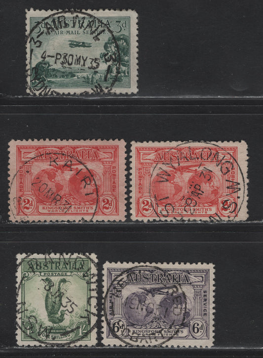 Lot 21 Australia (C)  SG#115, 121, 123, 140 3d - 1/- Green - Green Airmail - Lyrebird, 1929-1932 Airmail - Lyrebird Issues, 5 Fine/Very Fine Used Singles, SON Cancels Including Kairi, Registered Hobert, Randwick, NSW, West Wyalong,NSW & Airmail Sydney