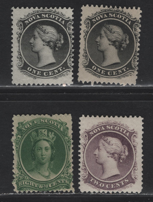 Lot 212 Nova Scotia (C) #8, 9, 11 1c - 8.5c Gray Black - Green Queen Victoria, 1860-1863 Queen Victoria Issue, 3 F/VFOG Singles Cents-G & Cents-N Papers, Perf 11.75 (1c  on Cents-G) (1c on Cents-N), Perf 11.75x12 (2c) & 11.75 (8.5c),