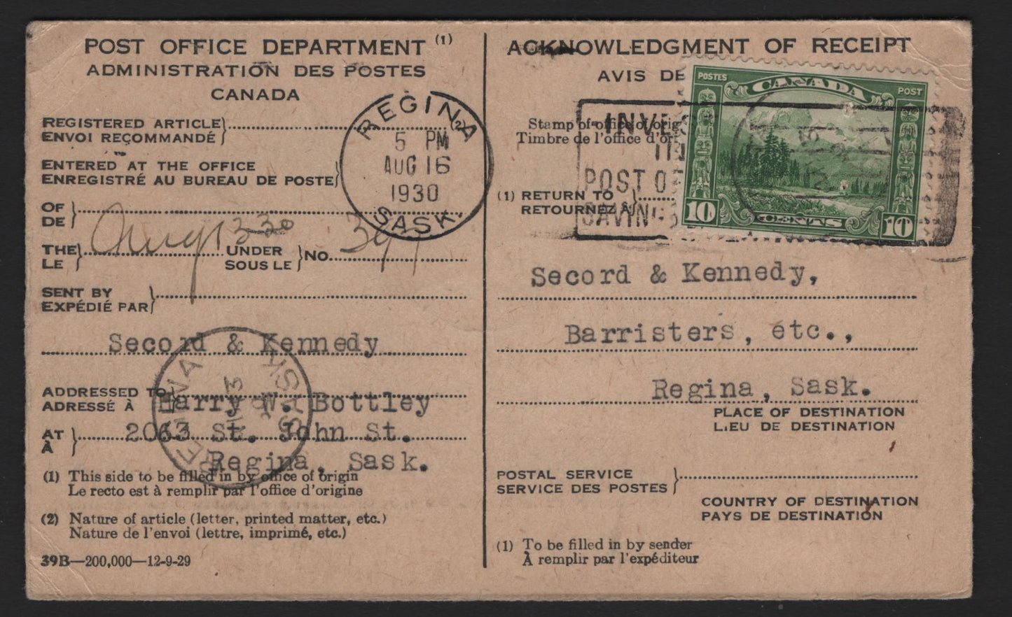 Lot 217 Canada 155 10c Green Mt. Hurd, 1928-1929 Scroll Issue , A Fine Acknowledgement Of Receipt Card Franked With A Single, Cancelled At Regina, August 13 & 16, 1930, Staple Holes Pierce Stamp, Still Scarce