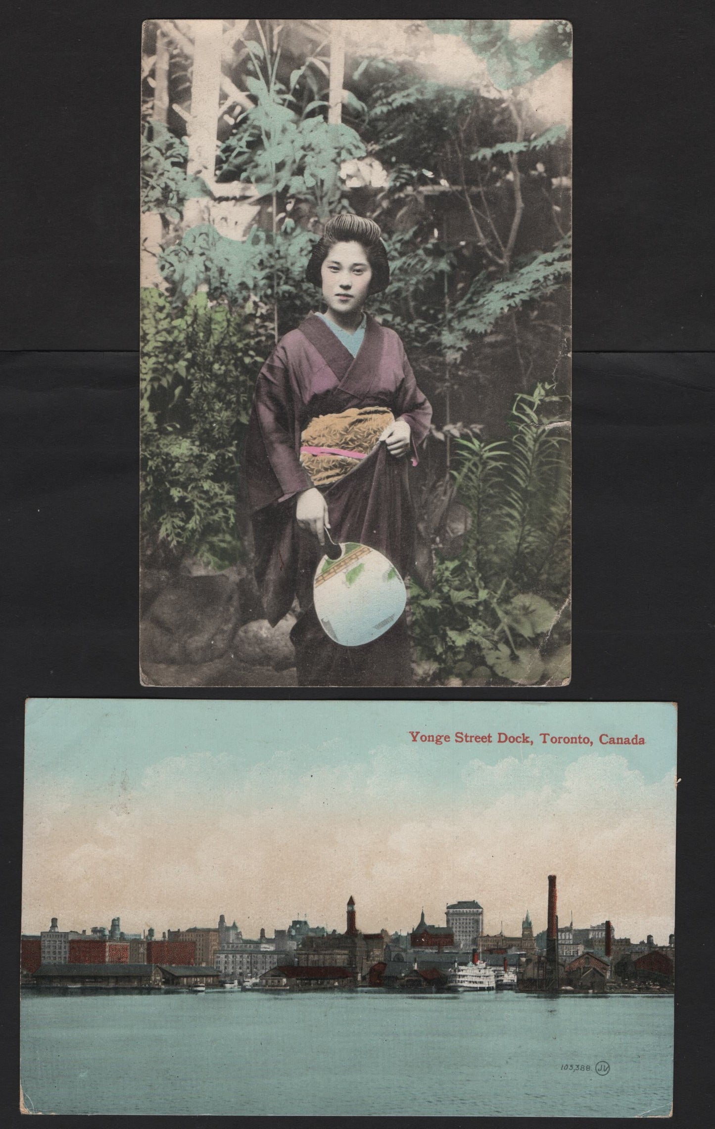 Lot 218 Canada 90 2c Carmine King Edward VII, 1903-1911  King Edward VII Issue, 2 VG & VF Picture Postcards One Depicting Yonge St. Dock in Toronto, Another Depicting a Japanese Woman in A Kimono, Some Corner Creases On This One
