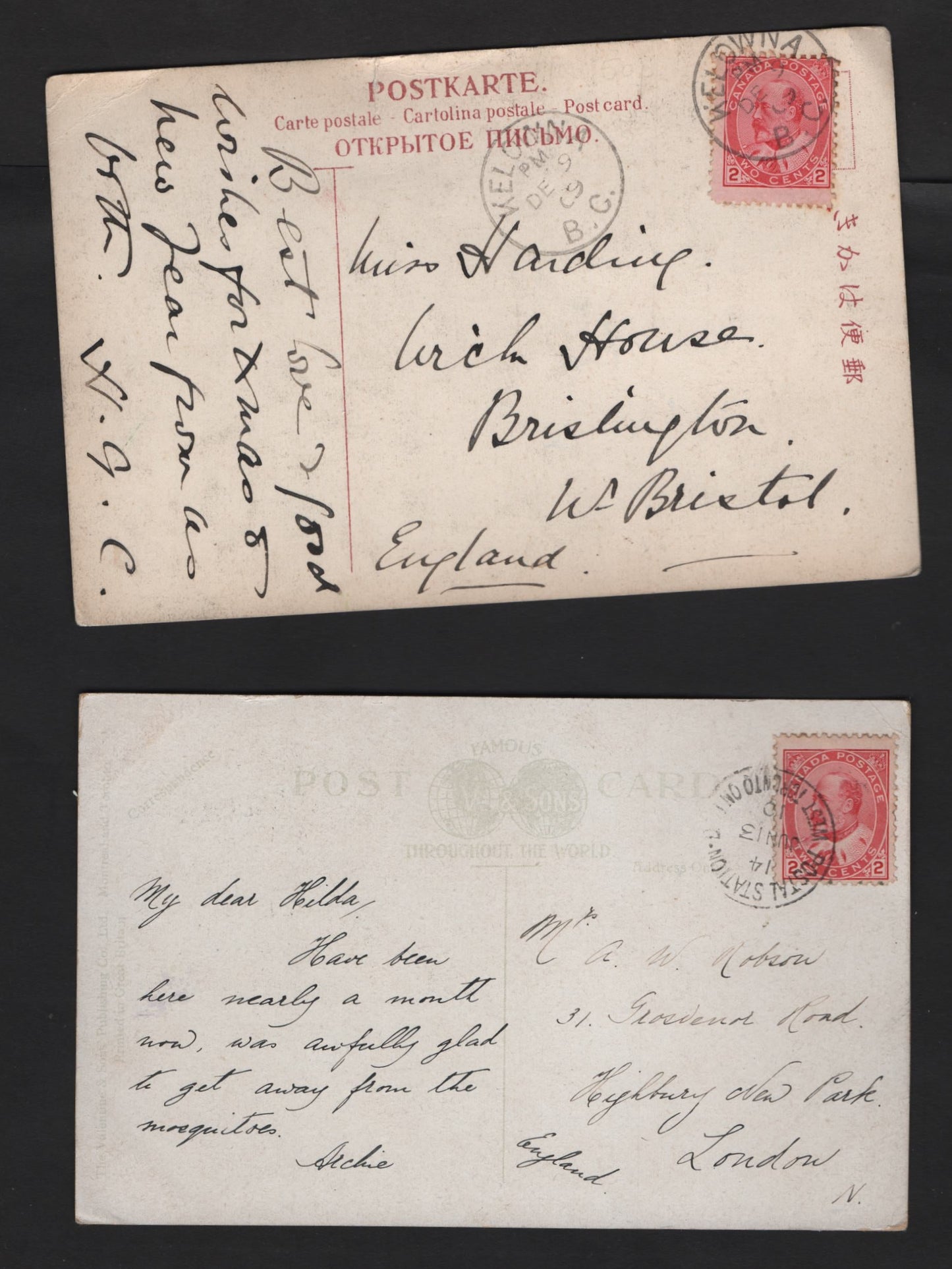 Lot 218 Canada 90 2c Carmine King Edward VII, 1903-1911  King Edward VII Issue, 2 VG & VF Picture Postcards One Depicting Yonge St. Dock in Toronto, Another Depicting a Japanese Woman in A Kimono, Some Corner Creases On This One