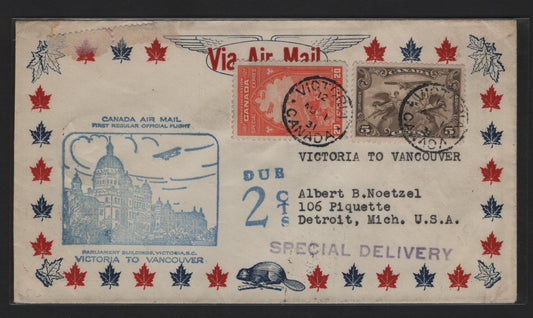 Lot 220 Canada C1 & E3 5c, 20c Olive Brown & Red Orange Allegorical Figures, 1927-1929 Confederation & Scroll Issues, A Fine First Flight Cover AAMC#3137a Victoria to Vancouver Flight, Was Shortpaid by 1c and So Rated 2c Due, Also Sent Special Delivery