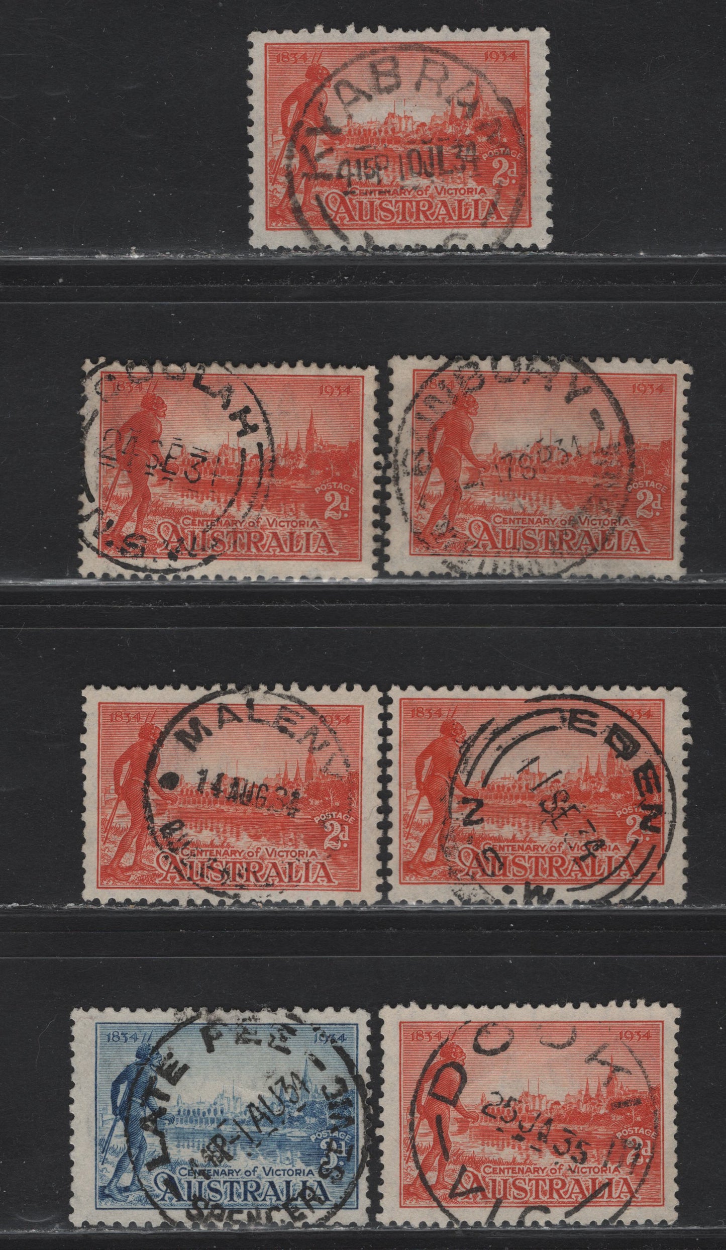 Lot 22 Australia (C)  SG#147-a, 148 2d - 3d Orange - Blue Centenary of Victoria, 1934 Centenary of Victoria Issue, 6 Fine/Very Fine Used Singles, Perfs 10.5 & 11.5, SON Town Cancels
