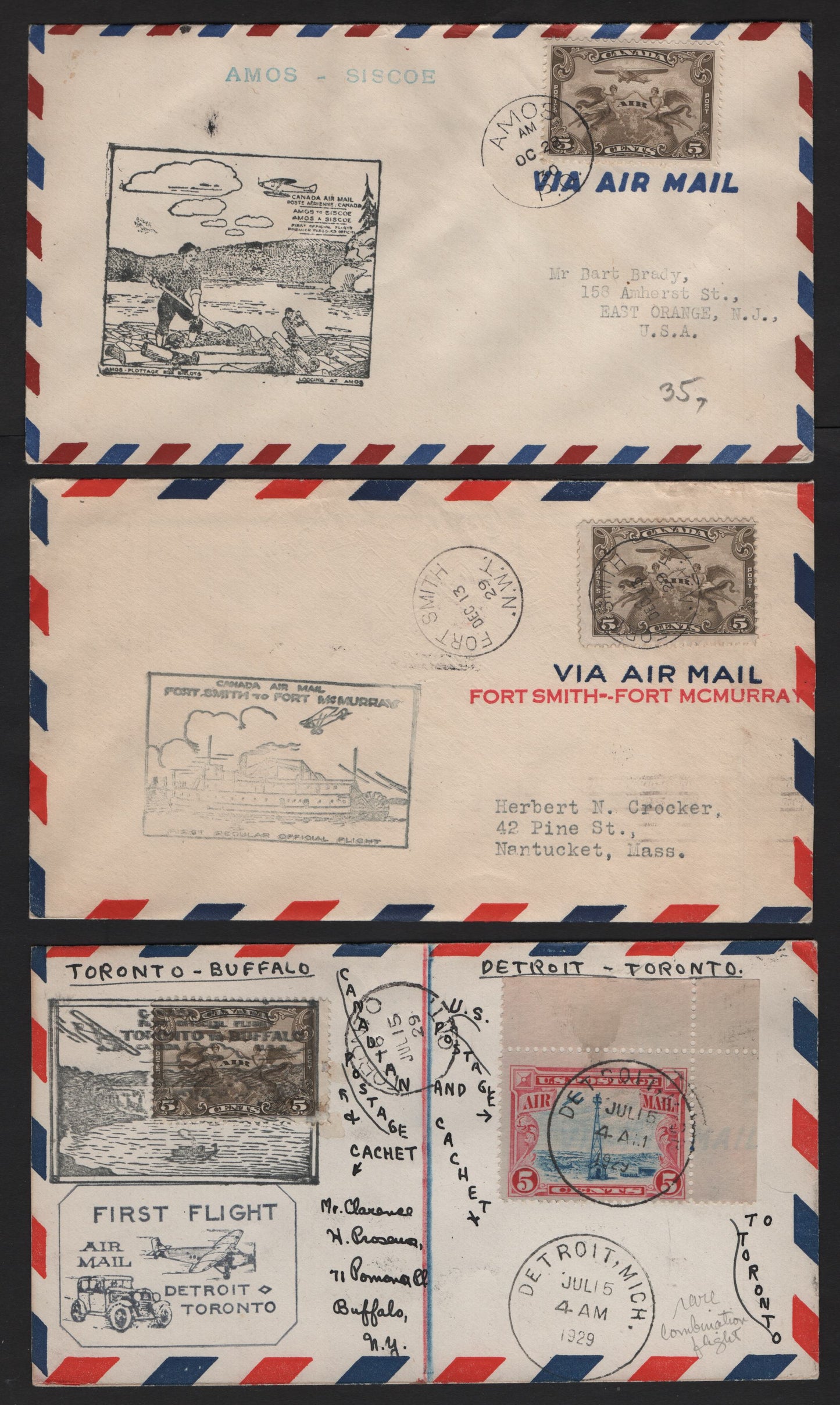 Lot 221 Canada C1 5c Olive Brown Allegorical Figures, 1928-1929 Scroll Issue, 3 VF First Flight Covers AAMC2943&2945r, 2967o & 3061, Toronto-Buffalo & Detroit-Toronto Combination Flight; Amos-Siscoe & Fort Smith-Fort McMurray