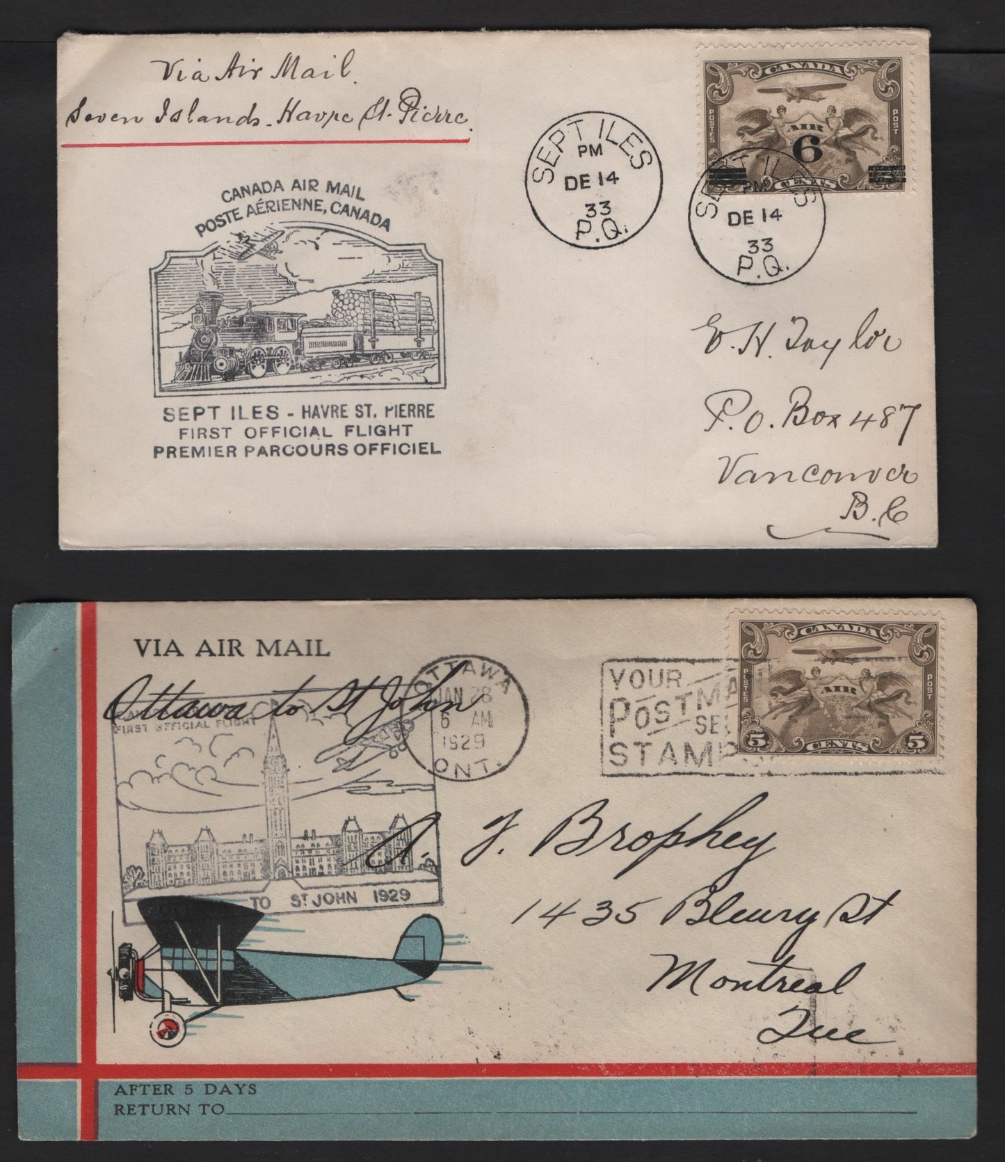 Lot 223 Canada C1, C3 5c, 6c on 5c Olive Brown Allegorical Figures, 1928-1932 Scroll & Surcharges Issue, 4 F-VF First Flight Covers AAMC#2909 Ottawa-St. John; 3105 Winnipeg-Pembina; 3133 Opening Of Vancouver Airportand 3351 Sept Illes-Havre St. Pierre