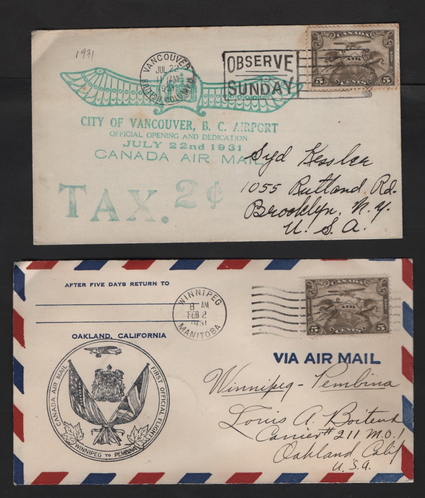 Lot 223 Canada C1, C3 5c, 6c on 5c Olive Brown Allegorical Figures, 1928-1932 Scroll & Surcharges Issue, 4 F-VF First Flight Covers AAMC#2909 Ottawa-St. John; 3105 Winnipeg-Pembina; 3133 Opening Of Vancouver Airportand 3351 Sept Illes-Havre St. Pierre