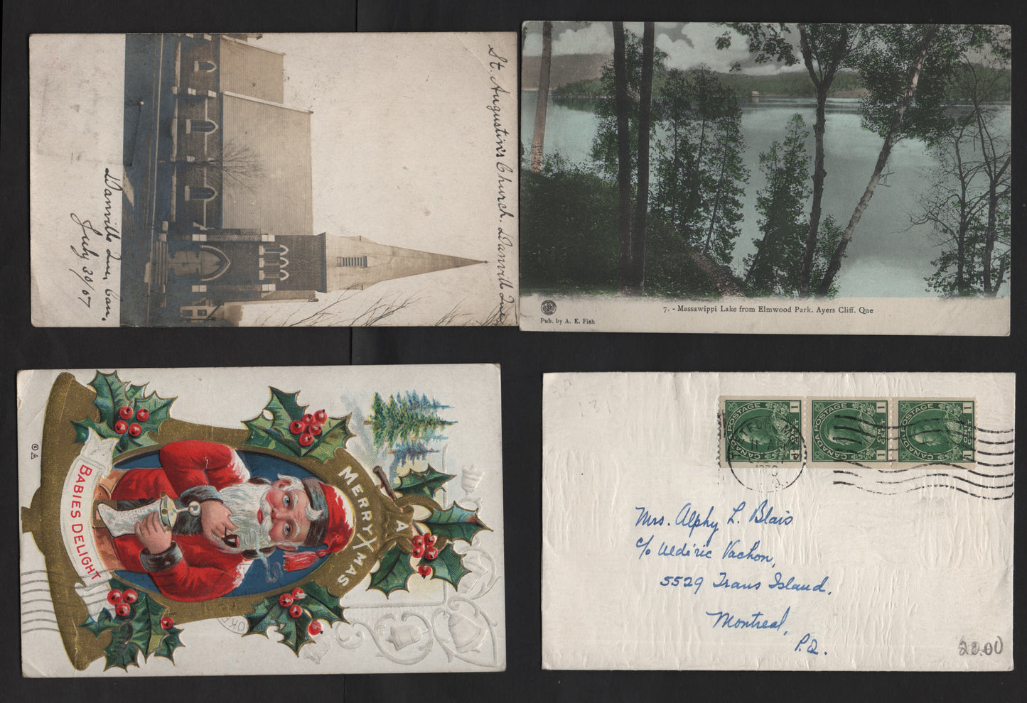 Lot 224 Canada 89iii, 97, 104b, 131 1c Blue Green & Dark Yellow Green, 1903-1928 King Edward VII, Quebec Tercentenary & Admiral Issues, 3 VF Postcards & 1 Cover Cover is At 3c Rate, Danville, QC Squarred Circle & Ayer's Cliffe Duplex Cancels