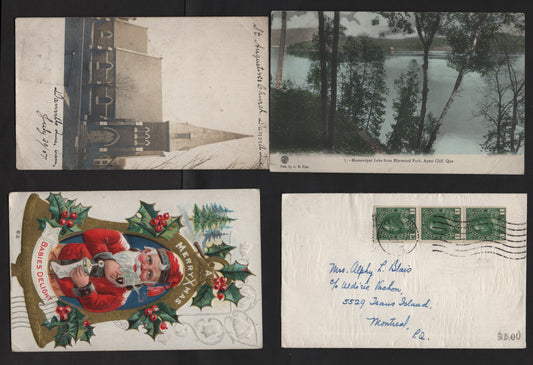 Lot 224 Canada 89iii, 97, 104b, 131 1c Blue Green & Dark Yellow Green, 1903-1928 King Edward VII, Quebec Tercentenary & Admiral Issues, 3 VF Postcards & 1 Cover Cover is At 3c Rate, Danville, QC Squarred Circle & Ayer's Cliffe Duplex Cancels