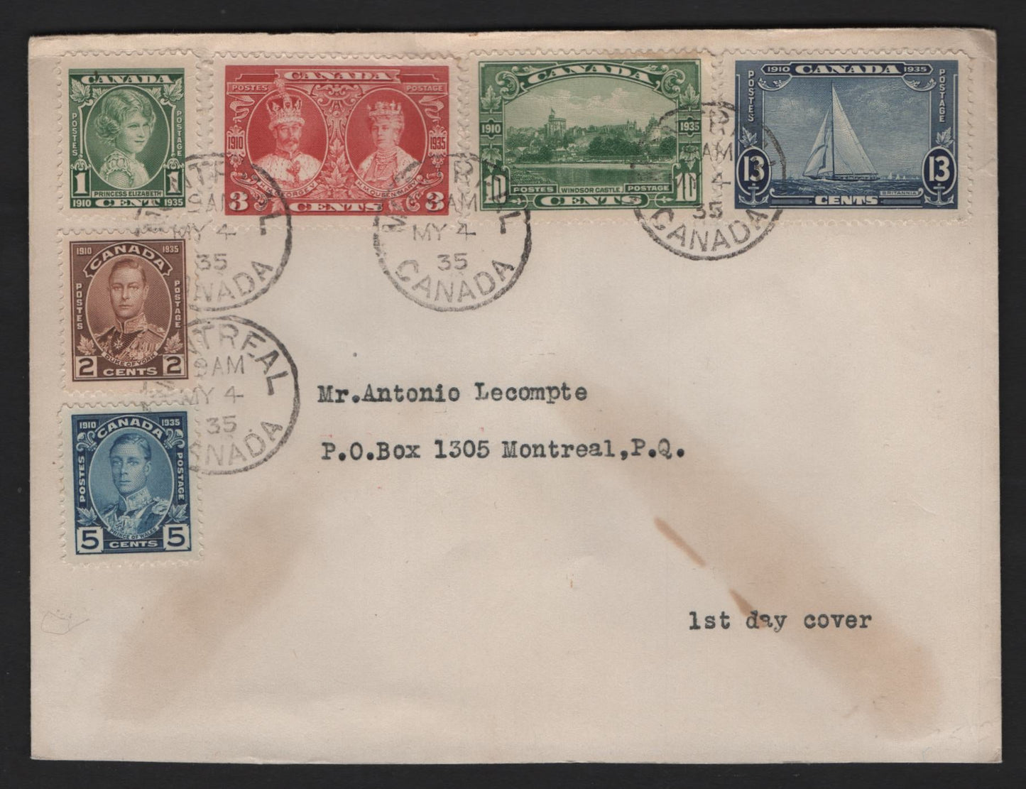 Lot 226 Canada 211-216 1c-13c Green - Dark Blue Princess Elizabeth - Britannia, 1935 Silver Jubilee Issue, A F-VF First Day Cover A Little Age Toning As Usual