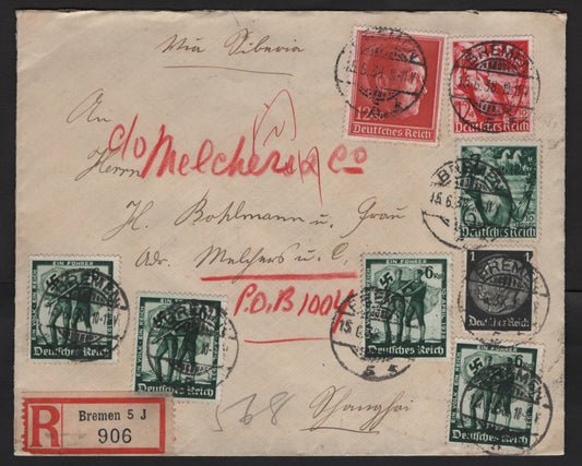 Lot 227 Germany 415, 484, B116-B117, B118 1pf-12 + 38pf Black, Green & Red Various Subjects, 1938 Anschloss, 5th Anniversary of Taking Of Power & Hitler's 49th Birthday Issues, A VF Registered Cover Sent From Bremen to Shanghai, China