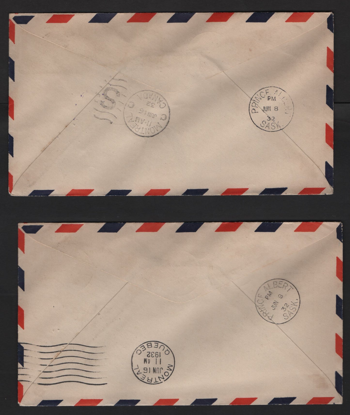 Lot 228 Canada 34, C1 1/2c, 5c Black & Olive Brown 1870-1897 & 1928-1930 Small Queen & Scroll Issues, 4 VF First Flight Covers AAMC#3215b-e Prince Albert-Lac La Ronge Flights, Uprated by 1/2c SQ, One With Gorgeous Re-Entry, C1's All VF Centered
