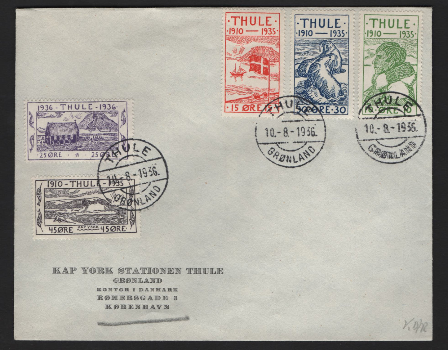 Lot 229 Greenland T1-T5 10o-45o Green-Black Various Scenes, 1936 Thule Issue, A VF First Day Cover Cancelled in Thule On August 10, 1936