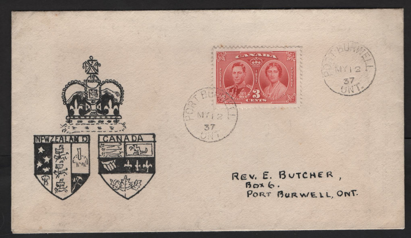 Lot 230 Canada 237 3c Carmine King George VI & Queen Elizabeth, 1937 Coronation Issue, A VF First Day Cover With Hand-Drawn Cachet - Unlisted in Dickenson