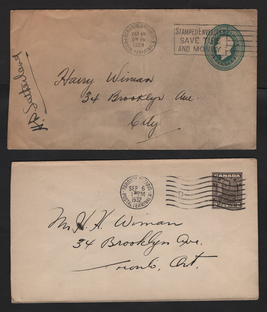 Lot 233 Canada U27, U39, U42-U43 1c-2c Green-Brown King George V, 1923-1932 Admiral - Medalion Issues, 4 Fine Pre-Stamped Envelopes All Used Domestically
