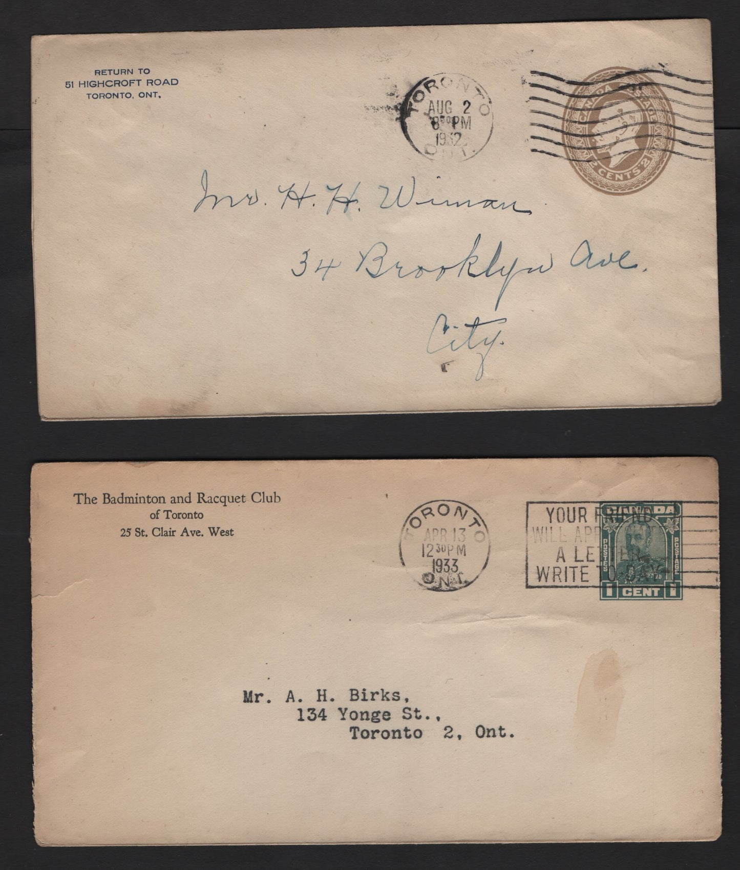 Lot 233 Canada U27, U39, U42-U43 1c-2c Green-Brown King George V, 1923-1932 Admiral - Medalion Issues, 4 Fine Pre-Stamped Envelopes All Used Domestically