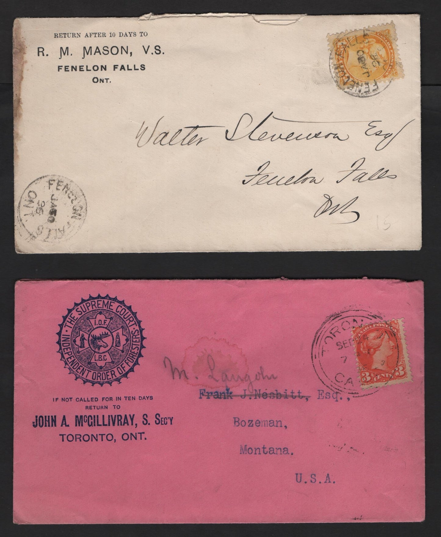 Lot 234 Canada 35, 41 1c, 3c Yellow & Vermilion Queen Victoria, 1870-1897 Small Queen Issue, 2 F-VF Covers One With Illustrated Corner Card, US Rate & Drop Cover For Fenelon Falls, ON