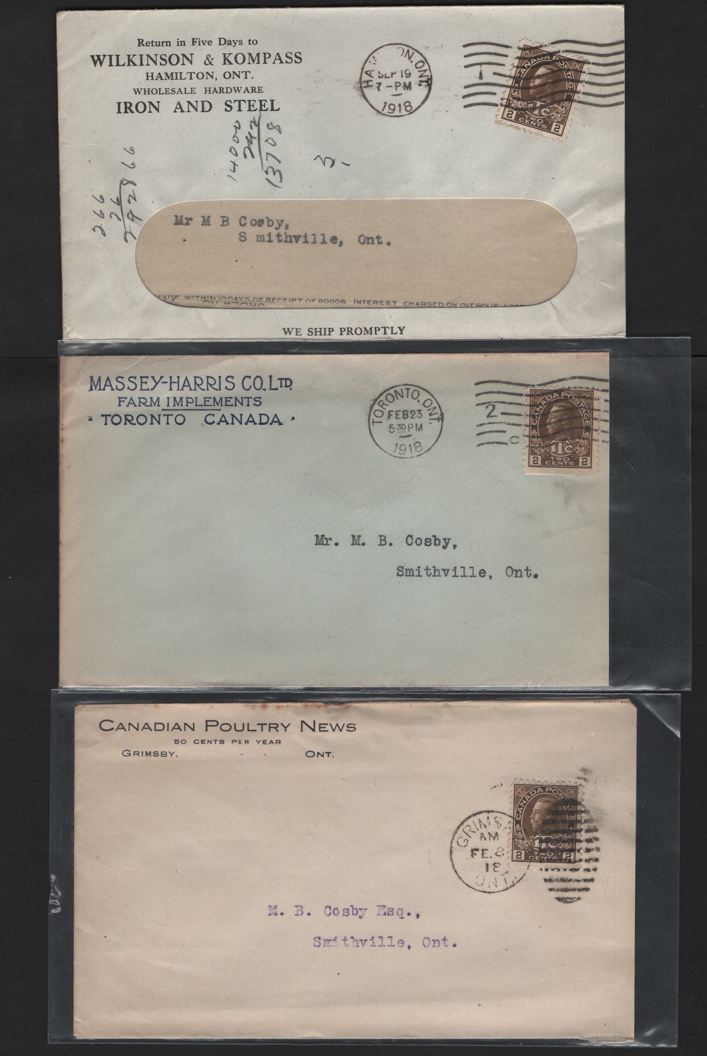 Lot 235 Canada 108, MR4 2c +1c, 3c Dark Brown King George V, 1911-1927 Admiral Issue, 6 F-VF Covers All With Different Business Corner Cards