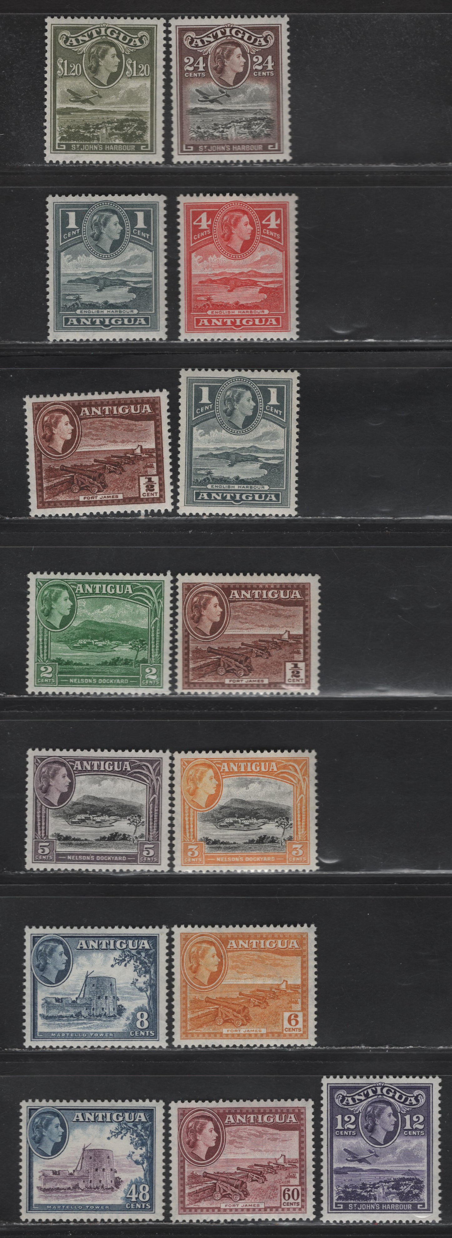 Lot 238 Antigua (C) SG#120a-132a,121a 1/2c Brown - $1.20 Yellow Olive, 1953-1962 Pictorial Definitives, Wmk Script CA, 15 F&VF NH&OG Singles
