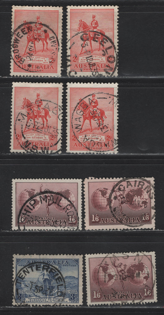 Lot 24 Australia (C)  SG#153-b, 156, 160 1/6d - 3d Dull Purple - Blue Hermes - Submarine Telephone Link, 1934-1936 Hermes - Submarine Telephone Link Issues, 8 Very Good/Fine/Very Fine Used Singles, SON & Partial CDS Cancels